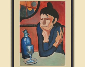 Gouachemalerei ""Der Absinthtrinker"", eine willkürliche Kopie von Picassos Werk." Originale Arbeit, ukrainisch 40 x 30 cm BatychkovaArt