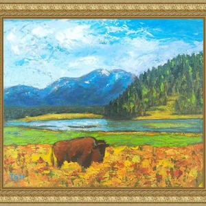 Bison Originalgemälde Yellowstone Art Büffel Kunstwerk National Park Wand Kunst Impasto Malerei Ukrainische Kunst 10x12 zoll von BatychkovaArt