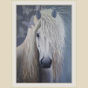 White Horse Head Painting Beautiful Horse With Long Mane Wall Art White Horse Portrait Animal Artwork Ukrainian Artist by BatychkovaArt