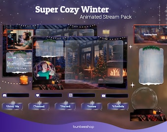 May include: Animated stream pack with a winter theme. The pack includes a variety of elements, such as a fireplace, a snow globe, and a winter scene. The text "Super Cozy Winter" and "Animated Stream Pack" is displayed at the top of the image.