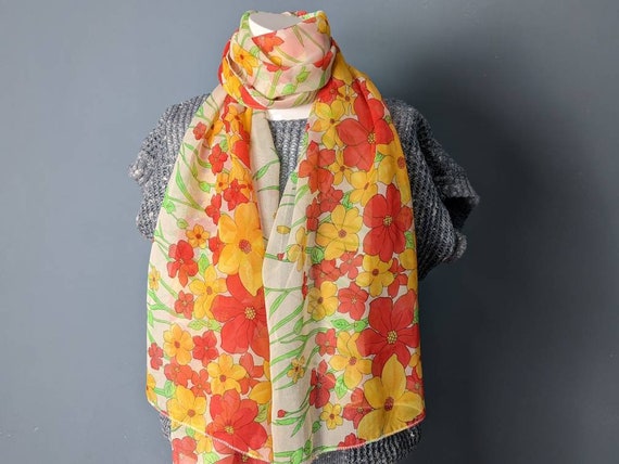 Vintage 70s Scarf/Floral Scarf/Lightweight Sheer … - image 1