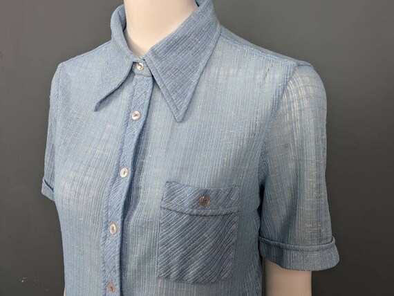 Vintage 70s Silk Mix Shirt/Dagger Collar/Blue Shi… - image 5