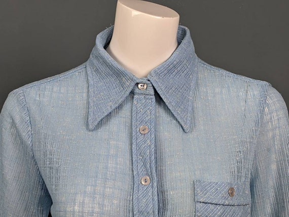 Vintage 70s Silk Mix Shirt/Dagger Collar/Blue Shi… - image 4
