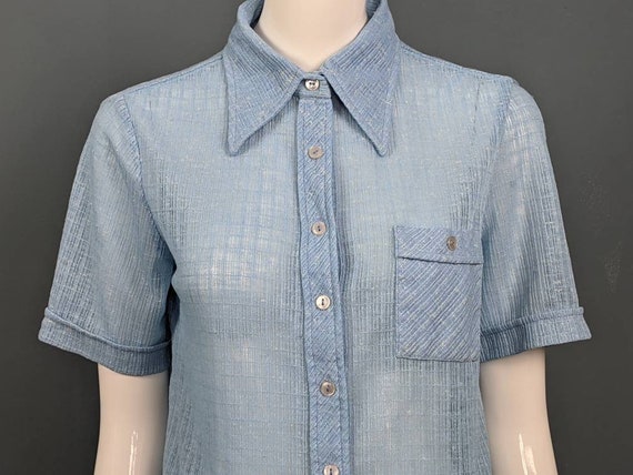 Vintage 70s Silk Mix Shirt/Dagger Collar/Blue Shi… - image 7