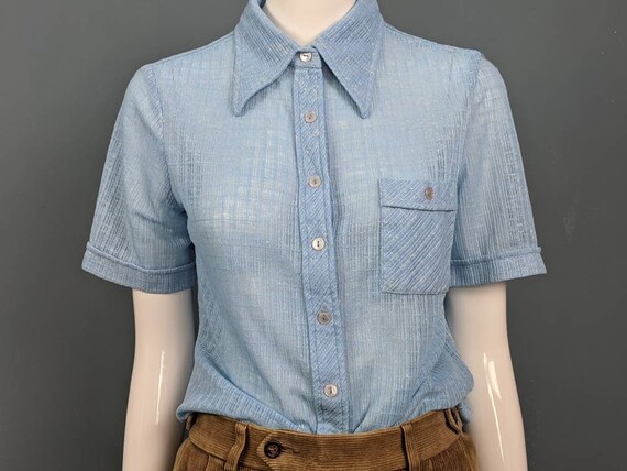 Vintage 70s Silk Mix Shirt/Dagger Collar/Blue Shi… - image 2
