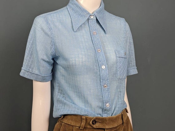 Vintage 70s Silk Mix Shirt/Dagger Collar/Blue Shi… - image 3