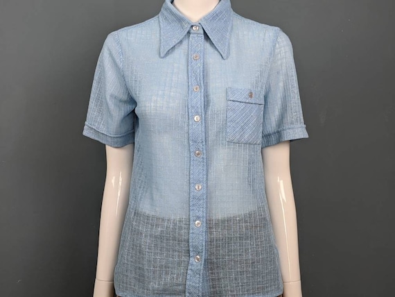Vintage 70s Silk Mix Shirt/Dagger Collar/Blue Shi… - image 1