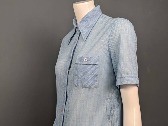 Vintage 70s Silk Mix Shirt/Dagger Collar/Blue Shi… - image 6