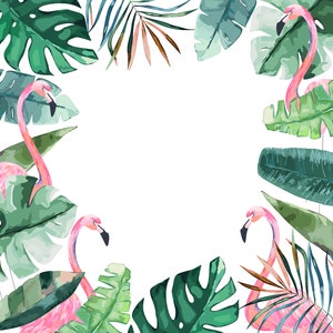 May include: A watercolor illustration of pink flamingos and tropical leaves on a white background. The flamingos are positioned around the edges of the image, creating a frame for the white space in the center.
