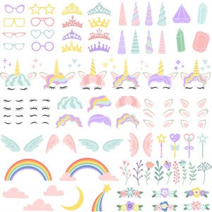 May include: A set of colorful unicorn-themed clipart images, including unicorn heads, horns, wings, rainbows, stars, flowers, and crowns. These images are perfect for crafting, scrapbooking, and digital design projects.