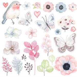 May include: A watercolor illustration featuring a variety of floral and butterfly designs. The illustration includes pink, blue, and green flowers, as well as butterflies with white wings and black accents.