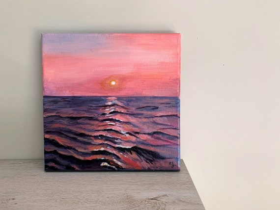 Sunset Over the Lake Acrylic Painting // 8x8 Canvas by Julia Amting 
