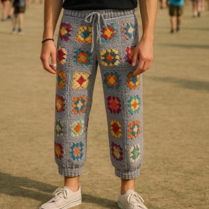 Granny Square Pants for Men Style, Midi Crochet Men&#39;s Pants, Crochet Pants Men, Granny Square Boho Pants, Bohemian Men Festival Trousers