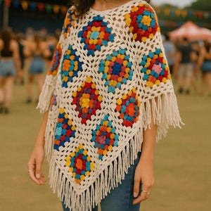 Crochet Poncho Women, Handmade Crochet Granny Square Poncho with Sleeves, Flower Fringed Poncho Sweater, Knitted Granny Square Poncho