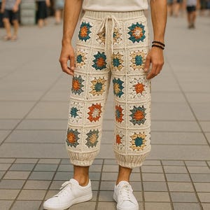 Men Crochet Festival Pants, Midi Crochet Men&#39;s Pants, Granny Square Pants Men, Boho Crochet Pants for Men, Knit Men Festival Trousers