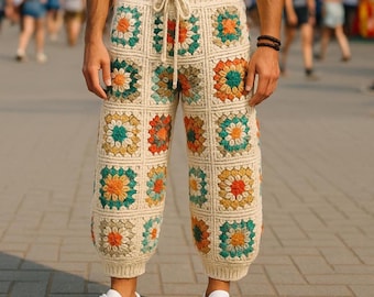 Virkade festivalbyxor herr, mormor fyrkantiga herrbyxor, bohemiska stickade byxor herr, virkade herrbyxor, virkade herr Rave Festival-outfit för män