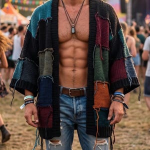 May include: A patchwork cardigan featuring a black base with multi-coloured knit squares in teal, burgundy, olive green, and orange. The open-front garment has loose yarn ends, long sleeves, and a textured knit pattern paired with distressed blue denim shorts.