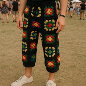 Crochet Festival Pants Mens, Midi Crochet Men&#39;s Pants, Crochet Pants Men, Granny Square Rave Pants for Men, Knit Men Festival Trousers