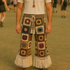 Granny Square Pants for Festival, Men Granny Square Crochet Pants, Festival Outfit, Festival Crochet Pants, Crochet Men Pants with Tassel