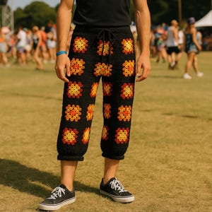 Mens Granny Square Pants, Midi Crochet Men&#39;s Pants, Crochet Pants Men, Granny Square Boho Pants for Men, Knit Bohemian Men Festival Trousers