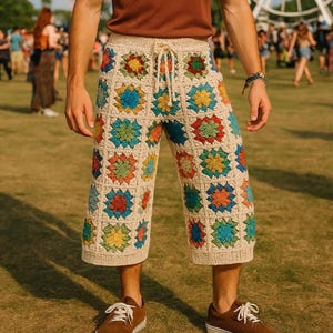 Mens Crochet Pants, Granny Square Pants for Men, Midi Crochet Men&#39;s Pants, Knit Boho Pants Men, Granny Square Pants, Crocheted Festival Pant