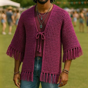Mens Crochet Clothes for Festivals, Hippie Outfit for Men, Hand Knit Men Wear, Retro Men Kimono Cardigan Mens, Hand Knit Gifts for Mens