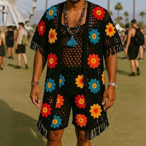 Crochet Sheer Shorts, See Through Poncho Men, Rave See Through Knit Cardigan,  Floral Filet Shorts Festival Outfit Men, Mesh Shorts Outfit
