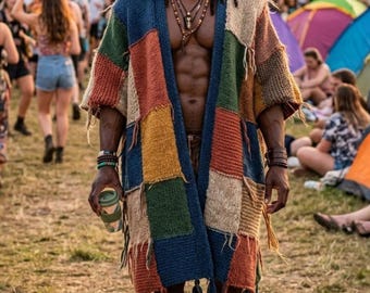 Herren Festival Outfit Strick Patchwork Cardigan für Burning Man Men Crochet Patchwork Boho Festival Pullover, Boho Festival Mantel gehäkelt