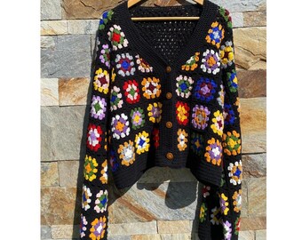 Black Granny Square Crochet Cardigan, Granny Square Cardigan, Women's Crocheted Cardigan, Long Sleeves Crochet Cardigan
