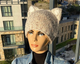 Crochet Striped Animal Beanie, Cat Ear Beanie, Mens Cat Ear Flap Hat, Knit Cat Hat for Women Beanie with Fox Ears Unisex Wolf Ears Hat