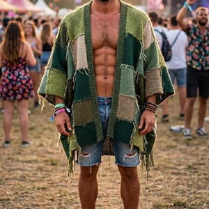Crochet Patchwork Outfit: Mens Boho Festival Wear, Dune Rave Knit Cardigan Outfit, Men Crochet Moss Cardigan Festival Outfit for Burning Man