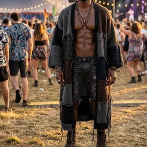 May include: A person at a music festival wearing a patchwork cardigan, denim shorts, and brown boots. The cardigan features panels of grey, black, and brown. The background shows tents, flags, and a crowd of people enjoying the event.