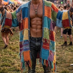 Cardigan boho colorato da uomo, maglione lavorato a maglia patchwork dai colori vivaci, abbigliamento hippie all'uncinetto per festival, completo rave oversize, cappotto in stile anni '70