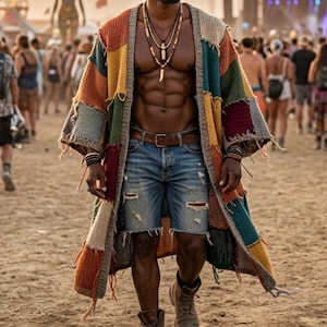 May include: A colorful patchwork cardigan with a variety of colors, including orange, green, and yellow. The cardigan is worn with denim shorts and boots. The person is wearing multiple necklaces.