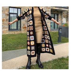 Crochet Cardigan, Black Granny Square Boho Crochet Long Cardigan, Black Crochet Jacket, Kimono Boho Long Coat, Crochet Vest