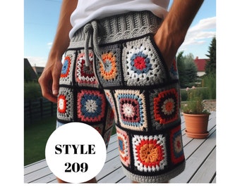 Pantalones cortos estilo abuela, pantalones cortos étnicos coloridos estilo boho para hombre, pantalones cortos de ganchillo tejidos a mano para verano, pantalones cortos estilo boho para hombre, pantalones cortos de ganchillo estilo hippie para hombre