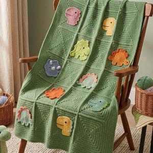 Copertina per neonato all'uncinetto con dinosauri, decorazione per cameretta a tema dinosauri, regalo per baby shower per maschietto, coperta quadrata con Triceratopo e nonna, biancheria da letto verde all'uncinetto per bambini piccoli