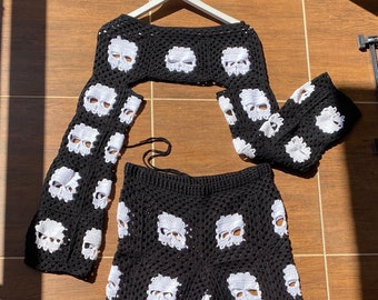 Crochet Skull Pants & Tops for Adults, Women, Men, Handmade Crochet Skull Pant and Top, Halloween Gift