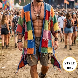 May include: A long, open-front cardigan featuring a patchwork design of multicolored knitted squares in shades of blue, red, green, yellow, and purple. The garment has frayed edges and is worn over khaki cargo shorts. A circular badge displays "STYLE 925".