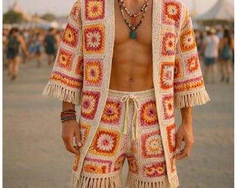 May include: A crochet outfit featuring a jacket and shorts. The jacket and shorts are made of cream-colored yarn with square patterns in shades of orange, pink, and yellow. The jacket has fringe on the sleeves and bottom. The shorts have a drawstring waist and fringe.