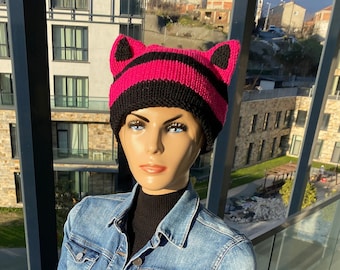 Cat Ear Beanie, Cat Ear Hat, Crochet Striped Animal Beanie, Knit Cat Hat for Women Beanie with Fox Ears Unisex Wolf Ears Hat