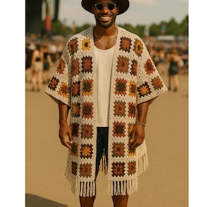 Men Bohemian Long Cardigan with Tassel, Granny Square Crochet Men Cardigan Fringe, Men Long Cardigan Outfit for Festival Retro Knit Cardigan