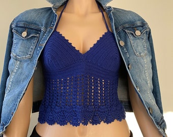 Crochet Halter Top, Summer Wear, Navy Blue Festival Crop Top, Festival Bralette, Crochet Bikini Woman Top Backless Top, Hippie Cotton Top