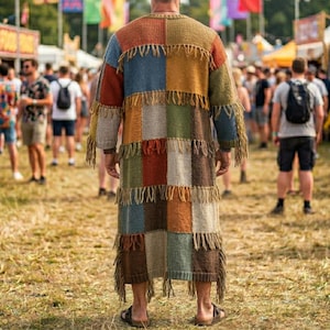 May include: A long, knee-length knitted cardigan featuring a patchwork design of rectangular panels in various colors including blue, mustard yellow, brown, green, and beige. The garment is accented with fringe trim along the horizontal seams.