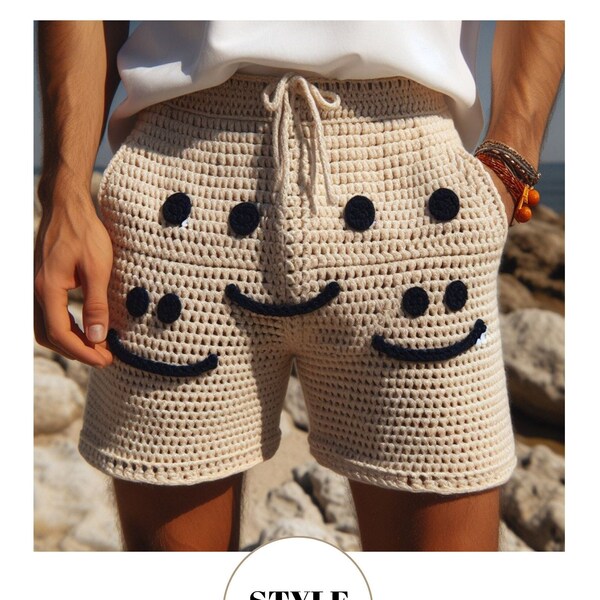 Smiley Face Men's Shorts, Smile Face Crochet Short Pant for Men, Summer Men's Shorts, Hand Knitted Crochet Shorts, Crochet Men's Beach Short