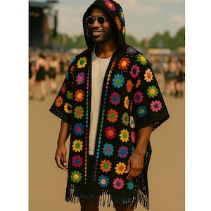 Hooded Kimono Men, Bohemian Festival Kimono for Mens Boho Festival Outfit for Men Rave Festival Costume Tassel, Hippie Festival Clothing