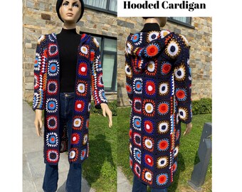 Crocheted Cardigan with Hoodie, Granny Square Plus Size Knit Cardigan Jacket, Oversized Patchwork Crochet Coat, Hooded Long Cardigan Vest