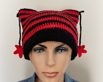 Cat Ear Striped Beanie, Unisex Crocheted Cat Ear Beanie, Striped Cat Ear Beanie, Crochet Kitty Cat Ear Hat Striped Knitted Beanie with Stars
