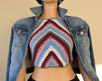 Virkad halternecktopp, modern topp, sommarkläder, festivalkort topp, färgglad bralette, virkad bikinitopp för kvinnor, rygglös topp, hippiebomullstopp