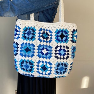 Evil Eye Crochet Bag, Crochet Bag, Gift for Her, Crochet Tote Bag for Women, Cream/Navy Blue Granny Square Crochet Purse, Evil Eye Boho Bag